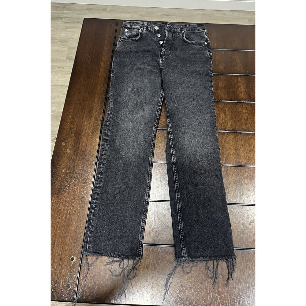 Zara Women Black Denim Jeans Size 4 High Waisted Cropped Flare Raw Hem Frayed